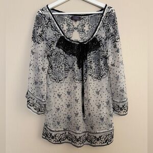 Hale Bob Women’s Crochet Peasant Sheer Black White Patterned Silk Blouse Top Med